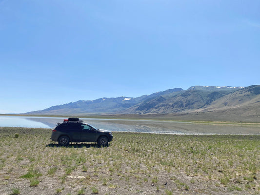 Overlanding in remote desert by salt lake.