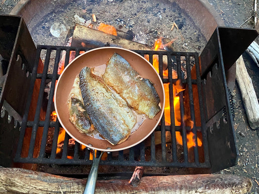 Cooking fresh fish over an open fire.