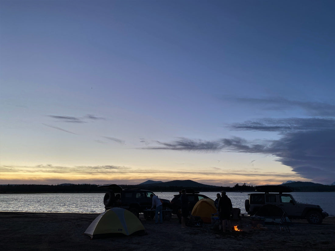 Sunset at a beautiful lakeside campsite.